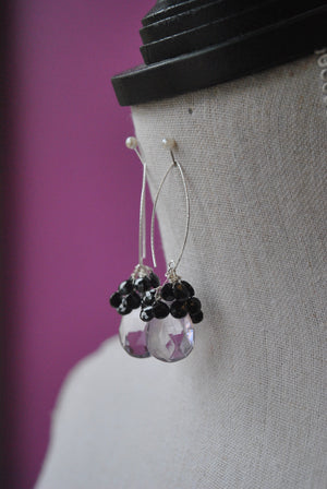 LAVENDER AMETHYST AND BLACK SPINEL LONG STATEMENT EARRINGS