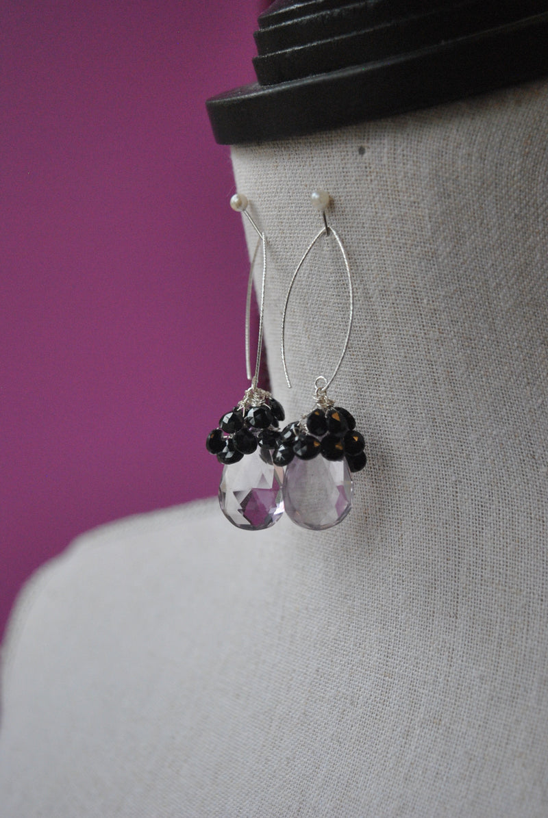 LAVENDER AMETHYST AND BLACK SPINEL LONG STATEMENT EARRINGS