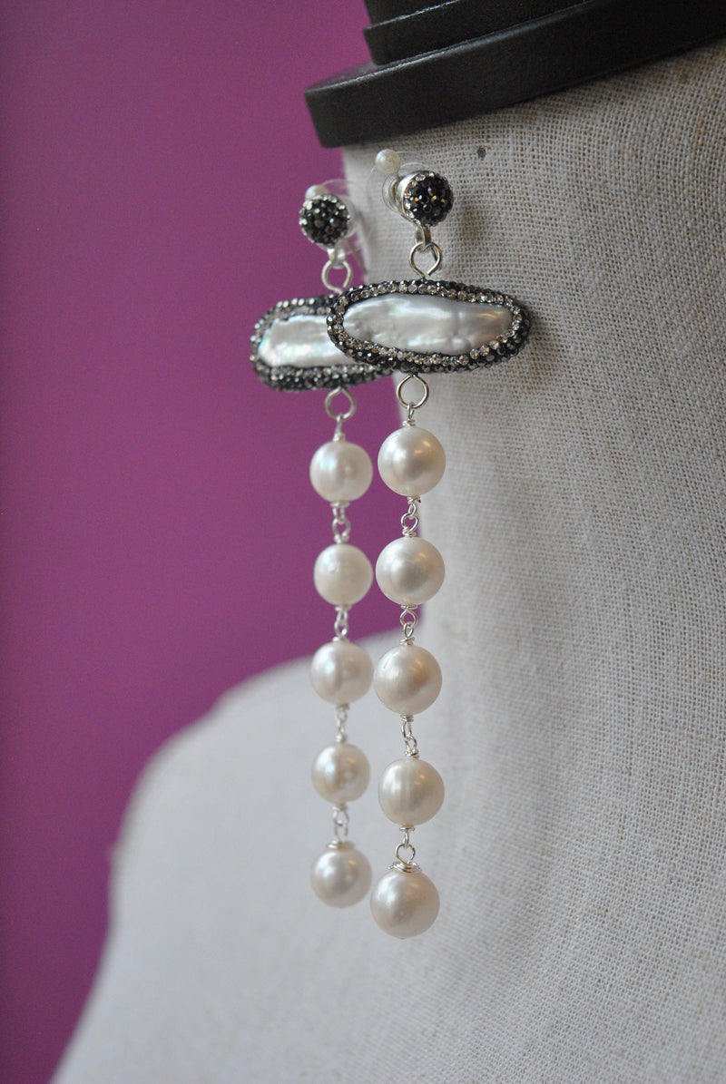 WHITE FRESHWATER PEARLS AND SWAROVSKI CRYSTALS LONG STATEMENT EARRINGS