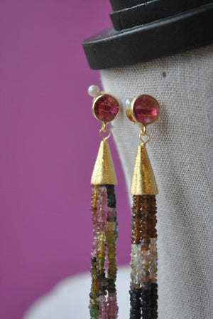 MULTICOLOR TOURMALINES LONG STATEMENT TASSLE EARRINGS