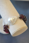 CHERRY AGATE WHITE MOTHER OF PEARL AND CLEAR SWAROVSKI CRYSTALS STRETCHY STATEMENT BRACELET
