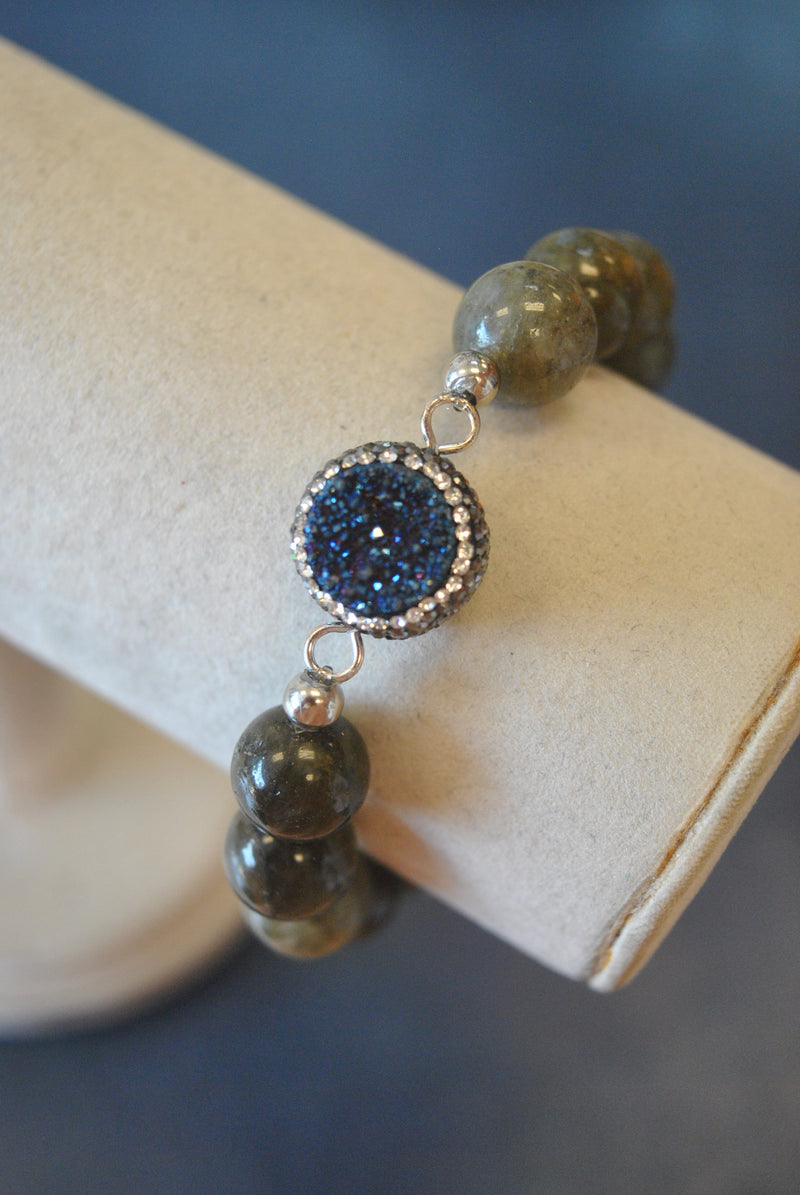 LABRADORITE AND ROYAL BLUE DRUZY WITH SWAROVSKI CRYSTALS STRETCHY STATEMENT BRACELET