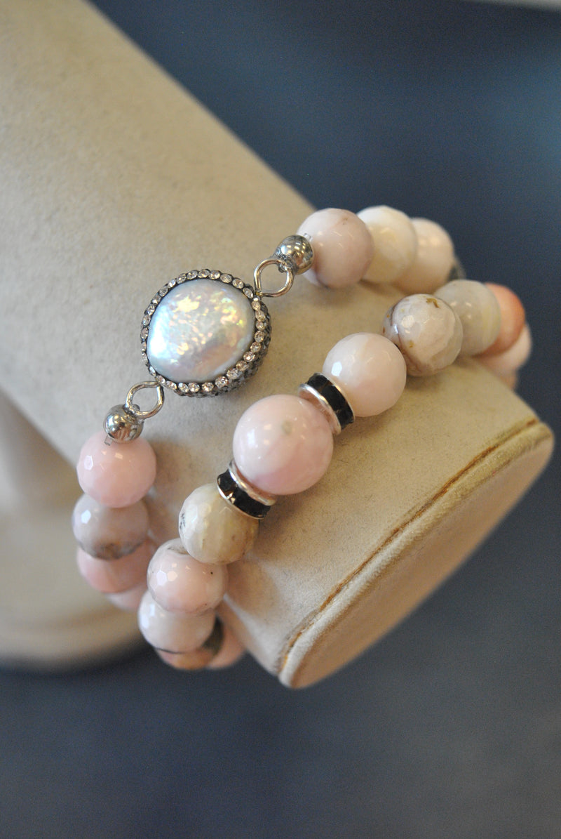 PINK PERUVIAN OPAL MOTHER OF PEARL DRUZY AND SWAROVSKI CRYSTALS STRETCHY BRACELETS SET
