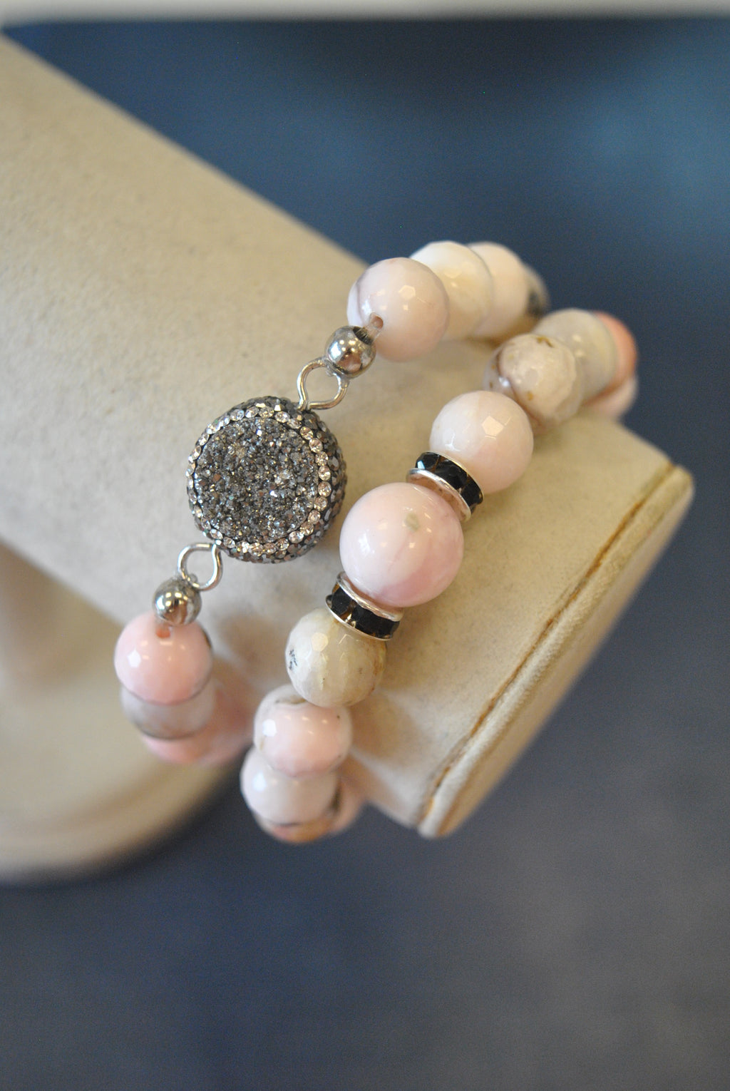 PINK PERUVIAN OPAL MOTHER OF PEARL DRUZY AND SWAROVSKI CRYSTALS STRETCHY BRACELETS SET
