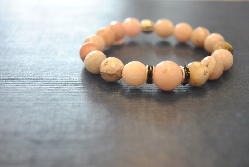 PINK PERUVIAN OPAL MOTHER OF PEARL DRUZY AND SWAROVSKI CRYSTALS STRETCHY BRACELETS SET