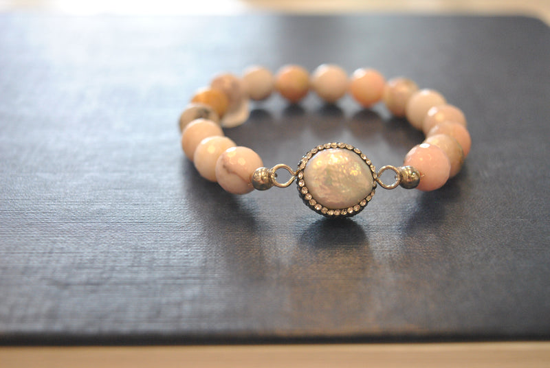 PINK PERUVIAN OPAL MOTHER OF PEARL DRUZY AND SWAROVSKI CRYSTALS STRETC ...