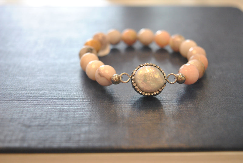 PINK PERUVIAN OPAL MOTHER OF PEARL DRUZY AND SWAROVSKI CRYSTALS STRETCHY BRACELETS SET