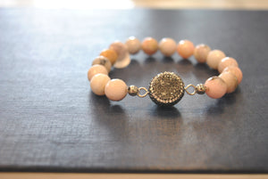 PINK PERUVIAN OPAL MOTHER OF PEARL DRUZY AND SWAROVSKI CRYSTALS STRETCHY BRACELETS SET