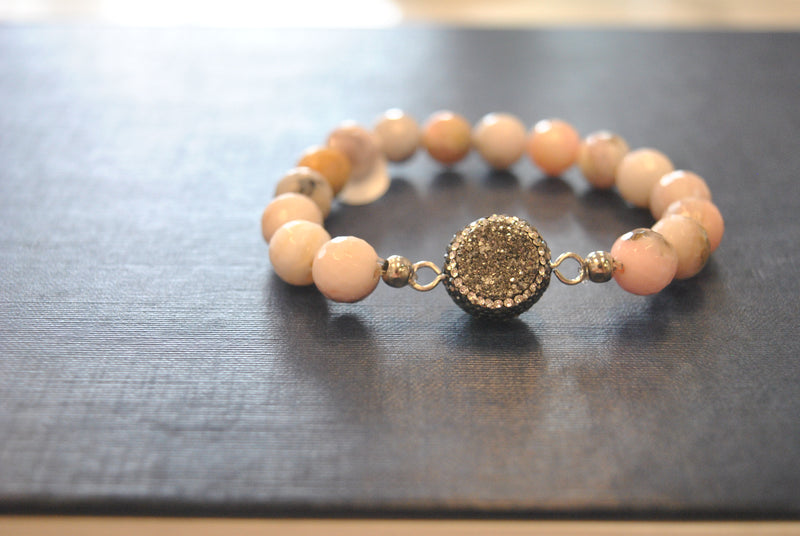 PINK PERUVIAN OPAL MOTHER OF PEARL DRUZY AND SWAROVSKI CRYSTALS STRETCHY BRACELETS SET