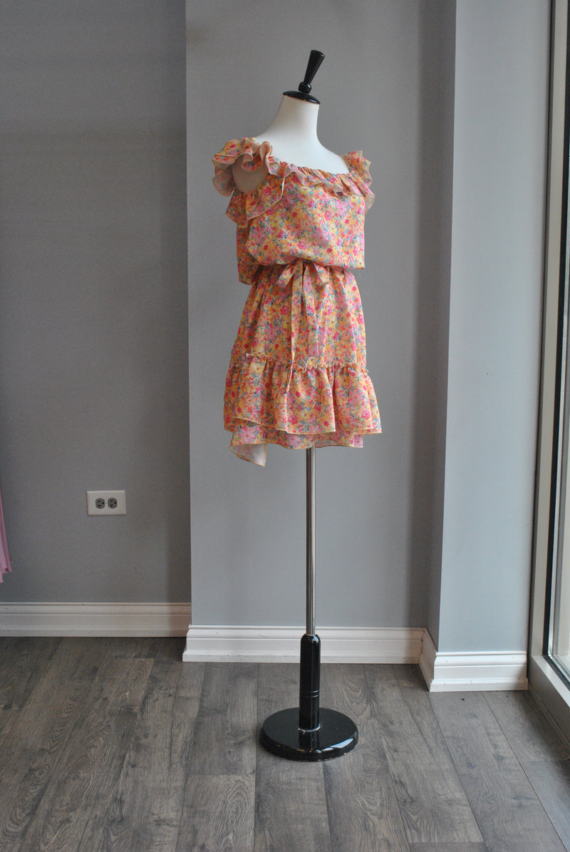 MULTICOLOR FLOWER PRINT TUNIC STYLE DRESS WITH A BELT