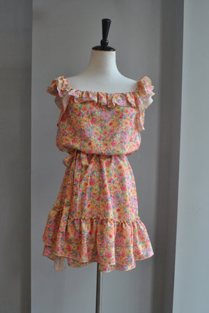 MULTICOLOR FLOWER PRINT TUNIC STYLE DRESS WITH A BELT