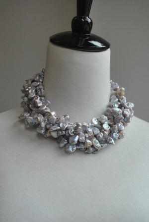 SILVER FRESHWATER PEARL MULTISTRAND STATEMENT NECKLACE