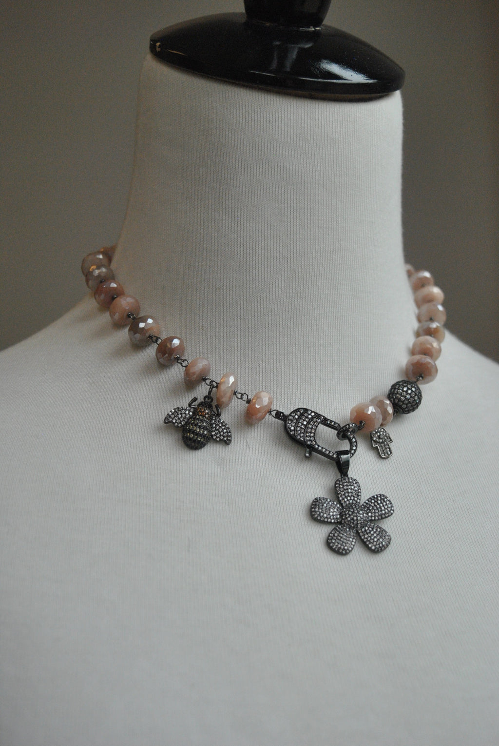 PEACH MOONSTONE ON GUNMETAL FINISH CHARM DOUBLE BRACELET OR A CHOKER