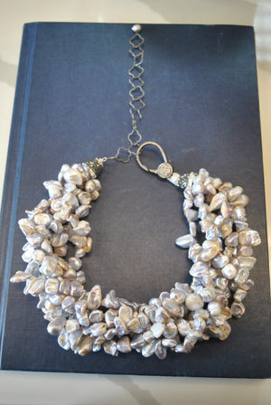 SILVER FRESHWATER PEARL MULTISTRAND STATEMENT NECKLACE
