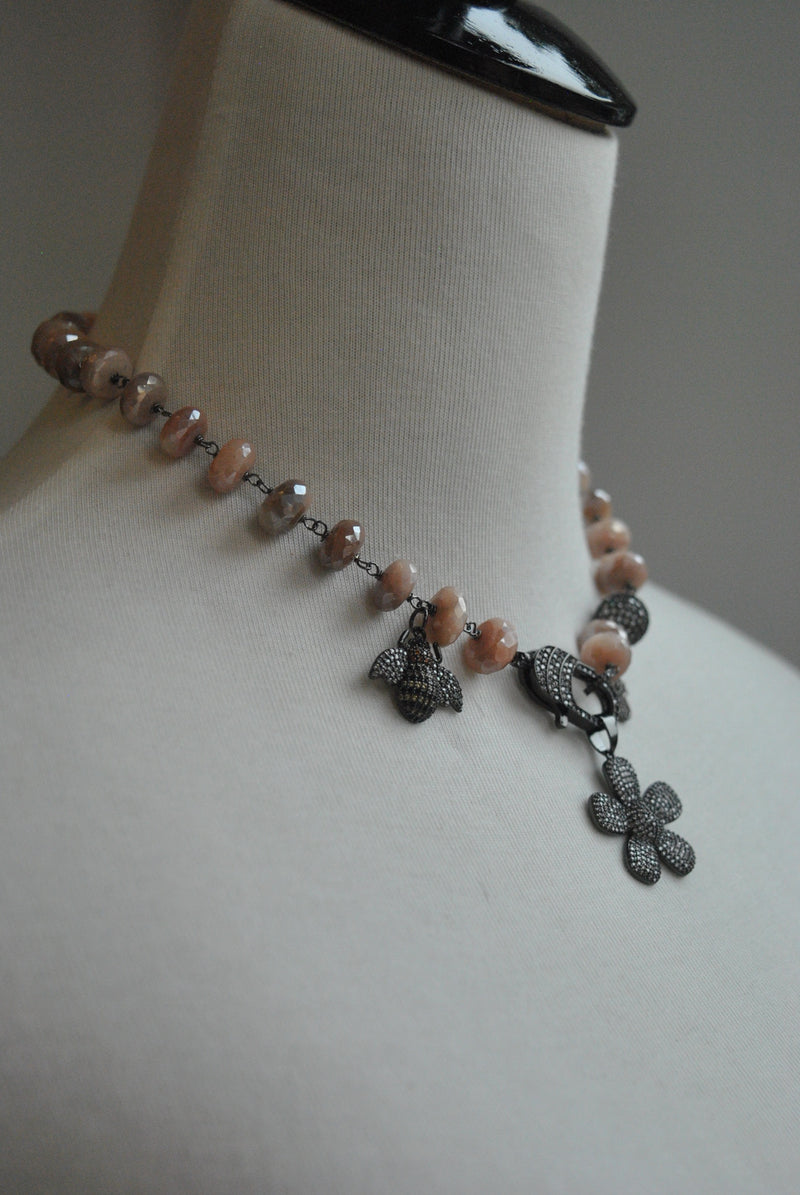 PEACH MOONSTONE ON GUNMETAL FINISH CHARM DOUBLE BRACELET OR A CHOKER