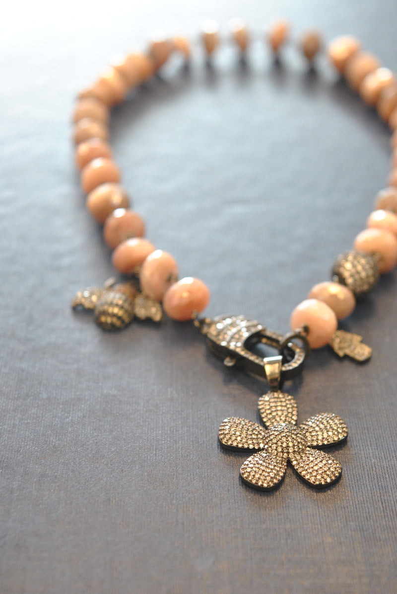PEACH MOONSTONE ON GUNMETAL FINISH CHARM DOUBLE BRACELET OR A CHOKER