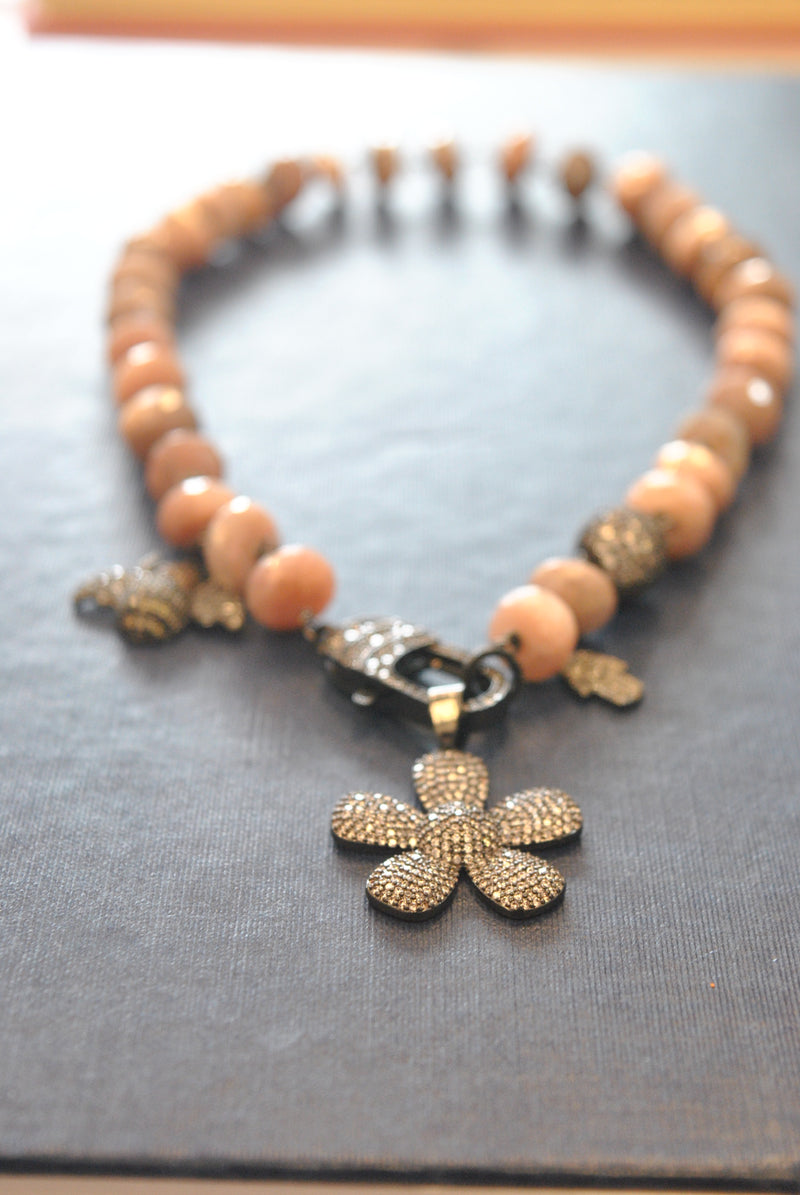 PEACH MOONSTONE ON GUNMETAL FINISH CHARM DOUBLE BRACELET OR A CHOKER