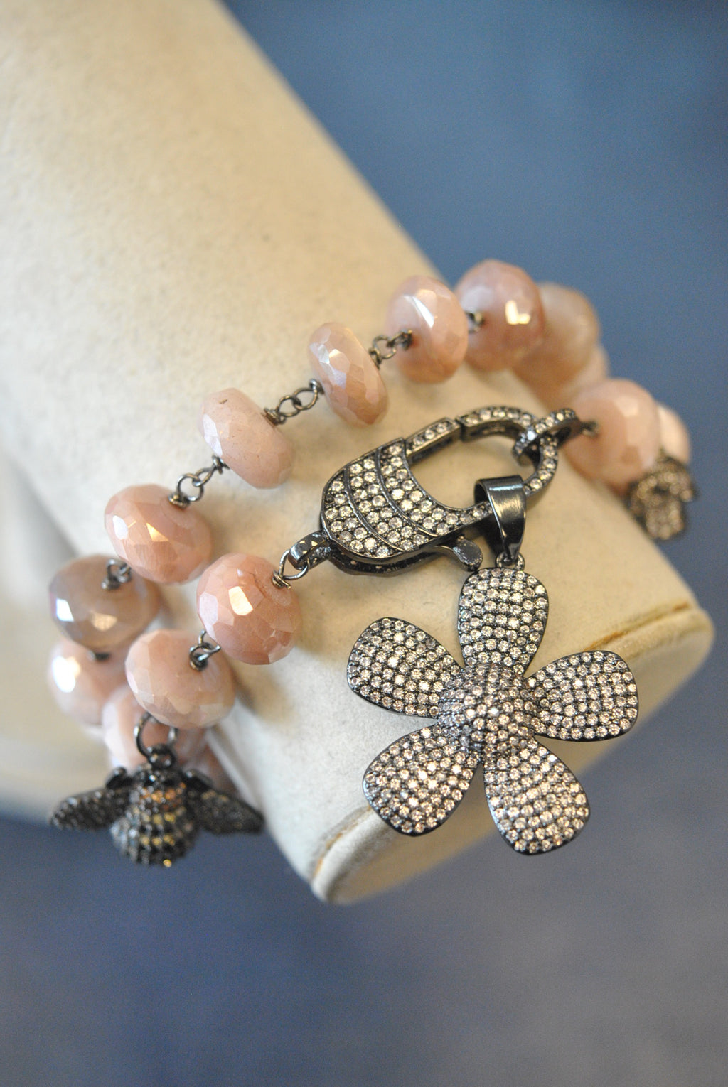 PEACH MOONSTONE ON GUNMETAL FINISH CHARM DOUBLE BRACELET OR A CHOKER