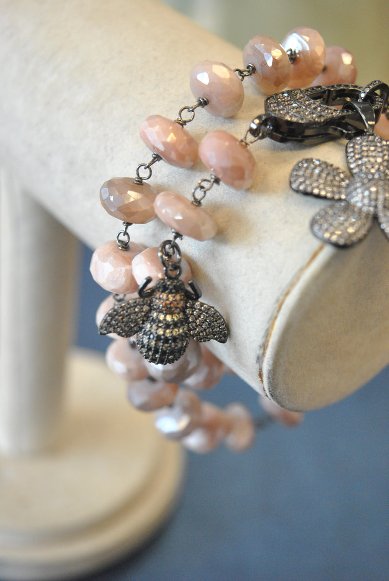 PEACH MOONSTONE ON GUNMETAL FINISH CHARM DOUBLE BRACELET OR A CHOKER