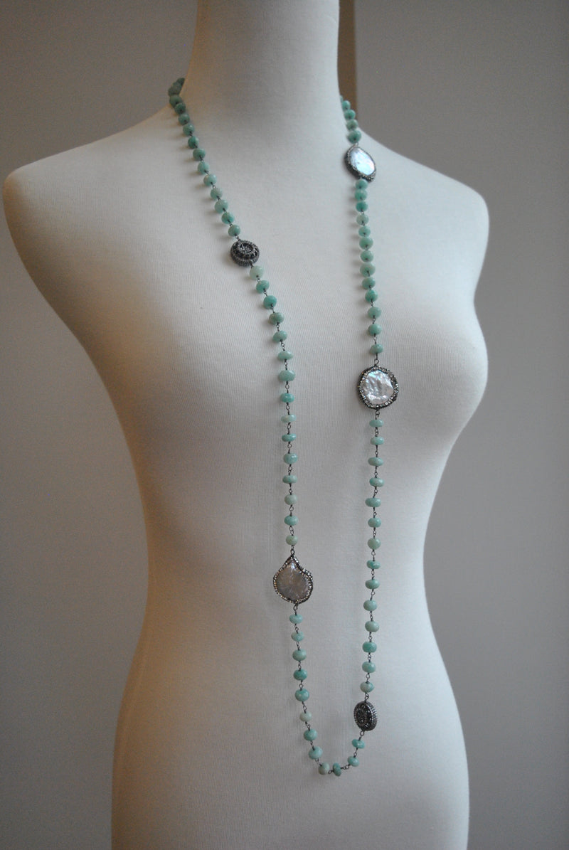 AMAZONITE AND WHITE MOTHER OF PEARLS ON GUNMETAL FINISH LONG KASHMERE NECKLACE