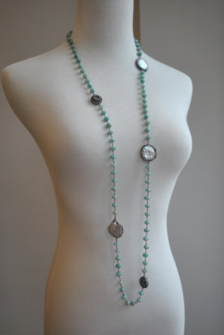 AMETHYST STATEMENT NECKLACE WITH SHELL PEARL AND AQUAMARINE PENDANT