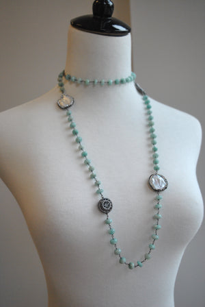 AMAZONITE AND WHITE MOTHER OF PEARLS ON GUNMETAL FINISH LONG KASHMERE NECKLACE