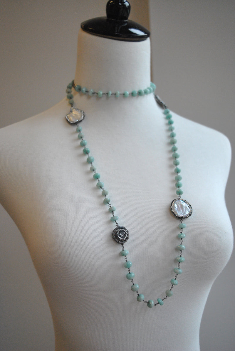 AMAZONITE AND WHITE MOTHER OF PEARLS ON GUNMETAL FINISH LONG KASHMERE NECKLACE