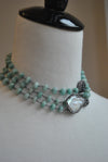 AMAZONITE AND WHITE MOTHER OF PEARLS ON GUNMETAL FINISH LONG KASHMERE NECKLACE