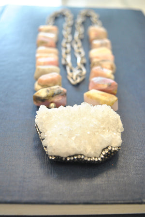 PINK PERUVIAN OPAL AND DRUZY PENDANT STATEMENT LONG NECKLACE