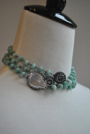 AMAZONITE AND WHITE MOTHER OF PEARLS ON GUNMETAL FINISH LONG KASHMERE NECKLACE