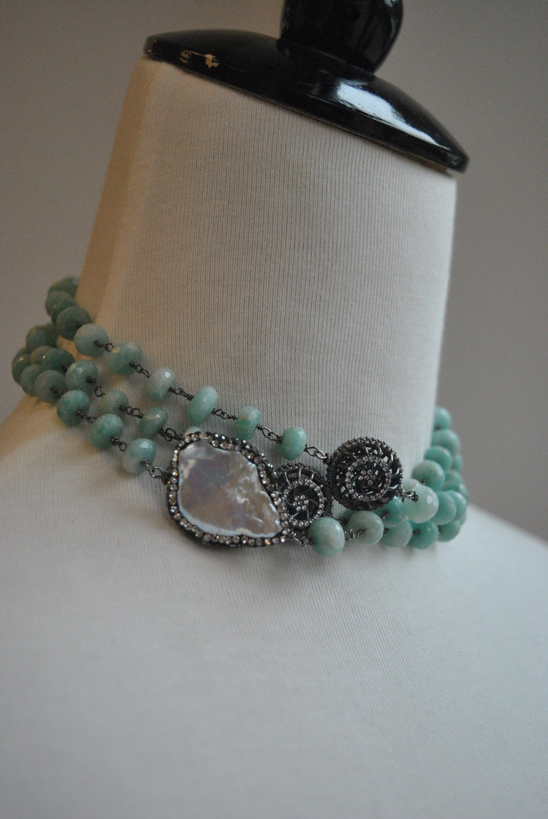 AMAZONITE AND WHITE MOTHER OF PEARLS ON GUNMETAL FINISH LONG KASHMERE NECKLACE