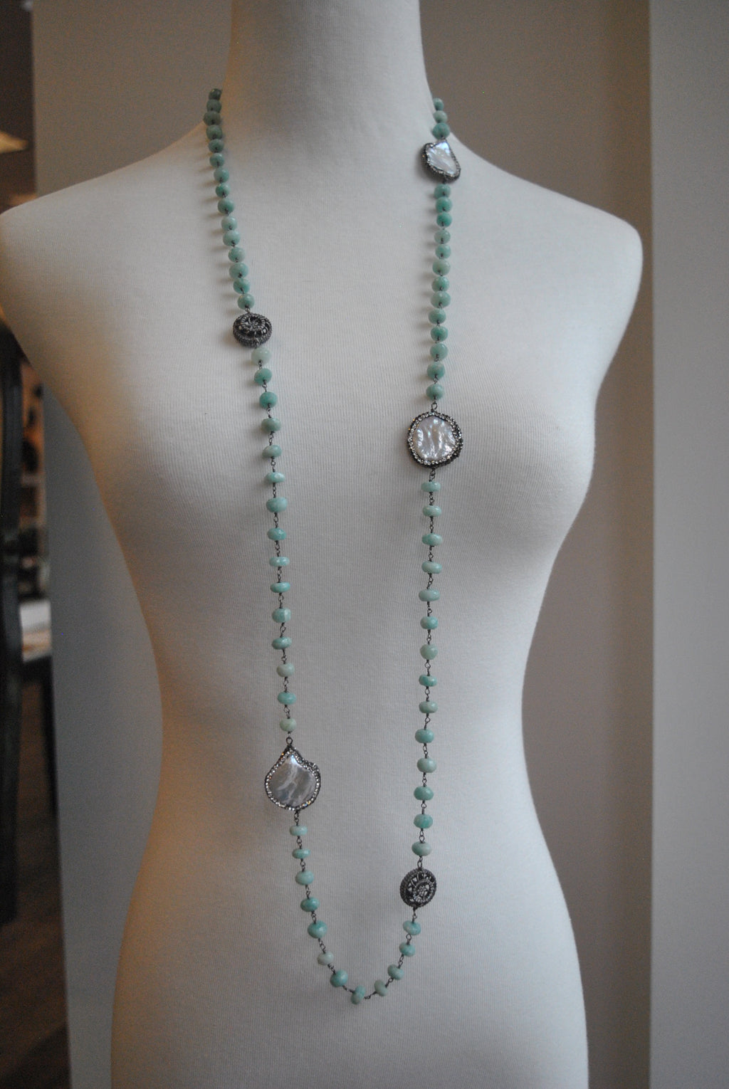 AMAZONITE AND WHITE MOTHER OF PEARLS ON GUNMETAL FINISH LONG KASHMERE NECKLACE