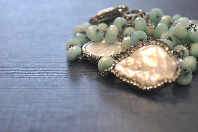 AMAZONITE AND WHITE MOTHER OF PEARLS ON GUNMETAL FINISH LONG KASHMERE NECKLACE