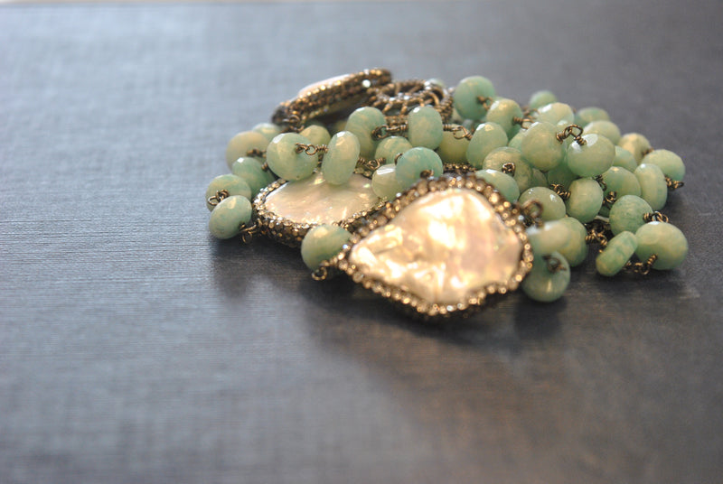 AMAZONITE AND WHITE MOTHER OF PEARLS ON GUNMETAL FINISH LONG KASHMERE NECKLACE