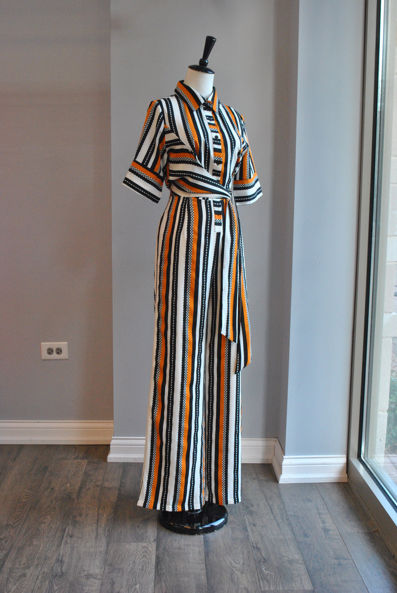 CLEARANCE - BLACK WHITE AND ORANGE FIT AND FLAIR JUMPSUIT WITH SHORT SLEEVES