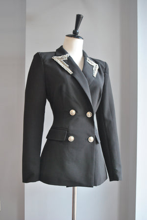 BLACK DOUBLE BREASTED BLAZER WITH DIAMOND DETAILS