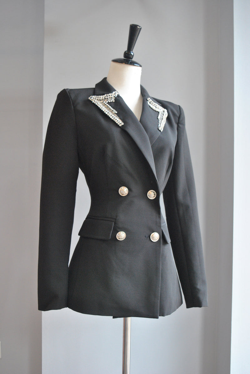 BLACK DOUBLE BREASTED BLAZER WITH DIAMOND DETAILS