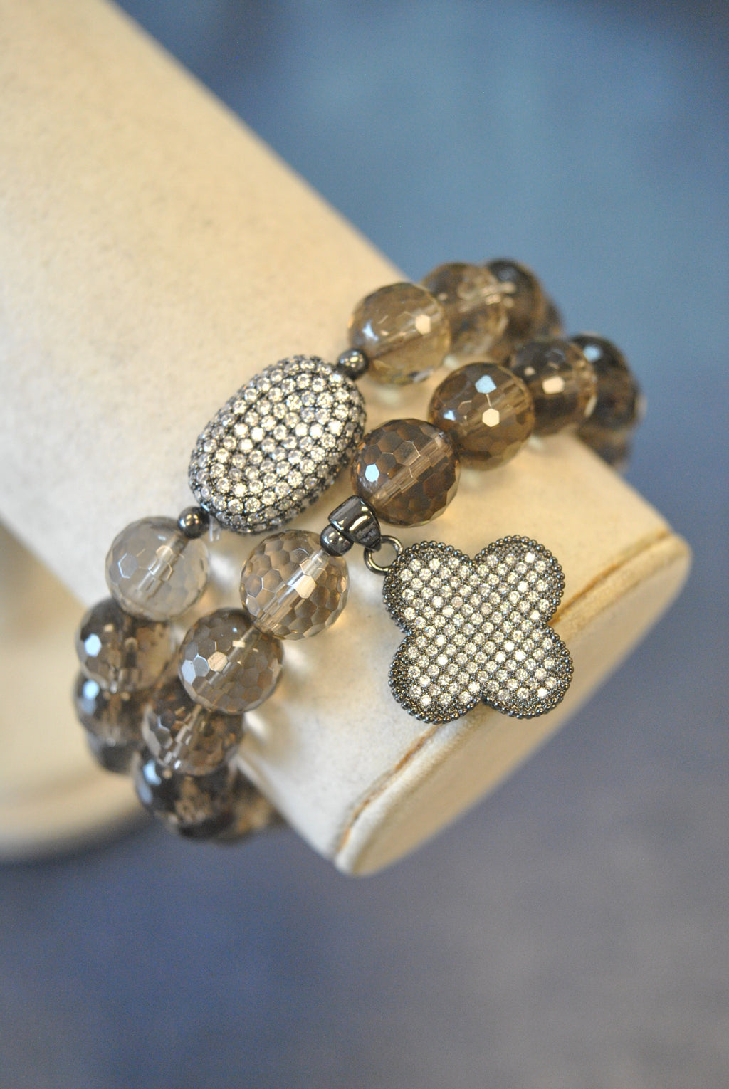 SMOKY QUARTZ STRETCHY BRACELET SET WITH CHARMS