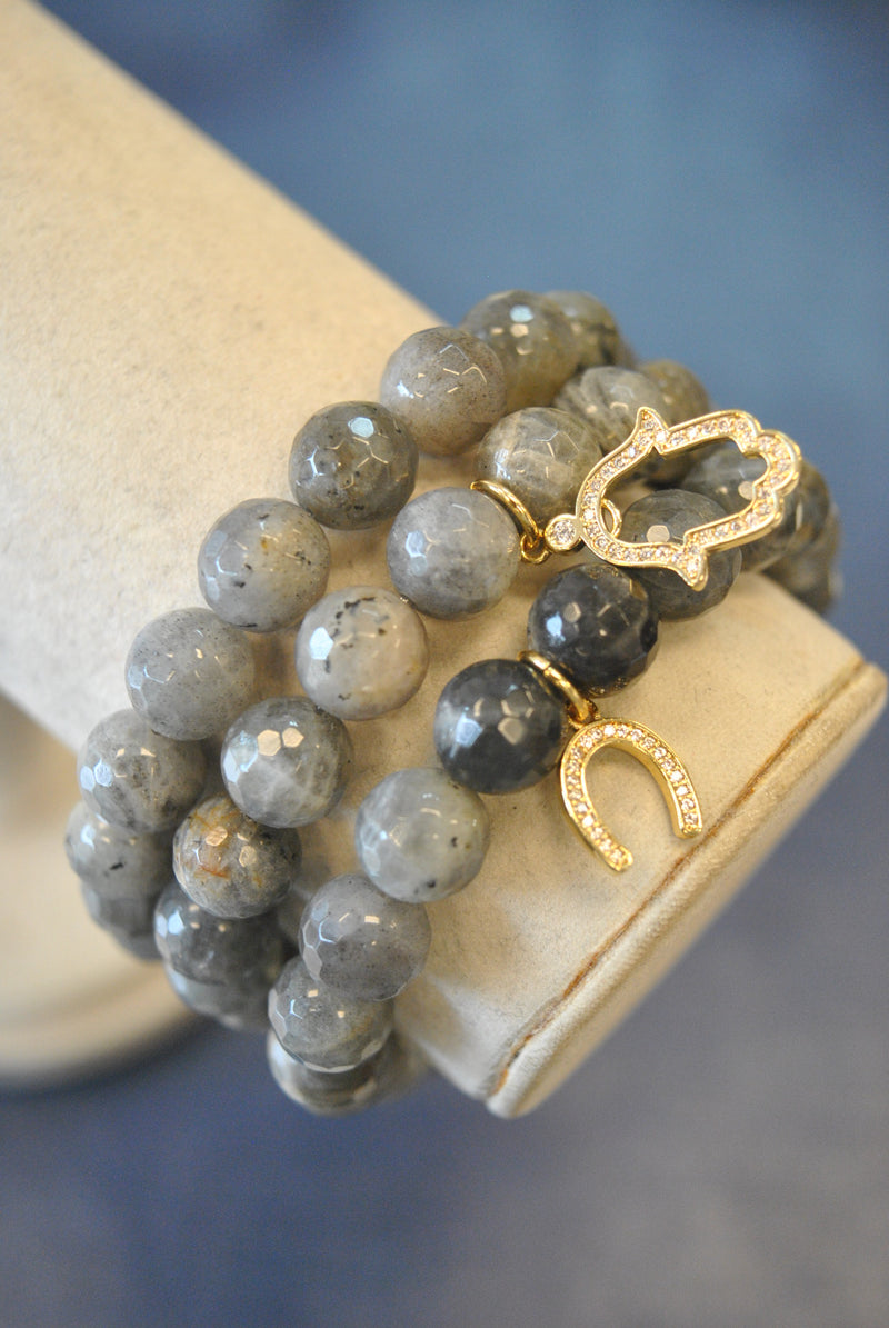 NATURAL LABRADORITE WITH GOLD CHARMS STRETCHY BRACELETS SET