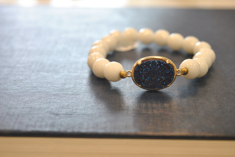 BLUE AGATE AND WHITE ONYX WITH DRUZY STRETCHY BRACELETS SET