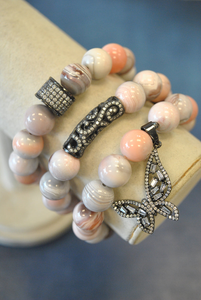 PINK BOTSWANA AGATE STRETCHY BRACELETS WITH RHINESTONES