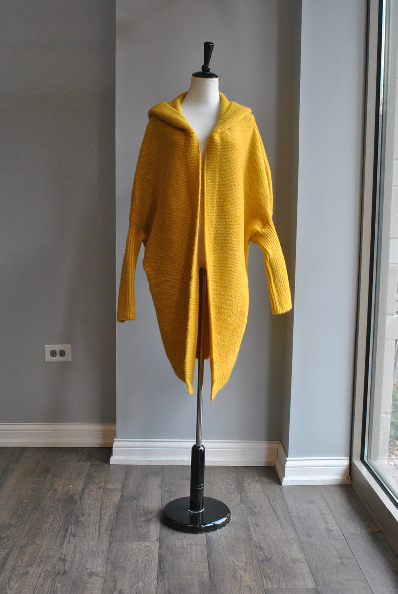 MUSTARD OPEN STYLE SWEATER WITH A HOODIE