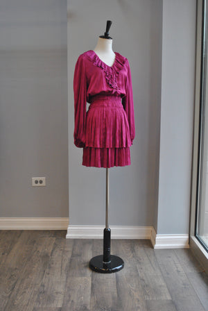 FUSCHIA SILKY DRESS WITH ELASTIC WAIST AND RUFFLES