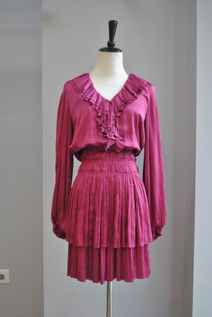 FUSCHIA SILKY DRESS WITH ELASTIC WAIST AND RUFFLES