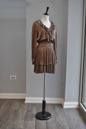 TOBACCO BROWN SILKY FALL DRESS WITH ELASTIC WAIST