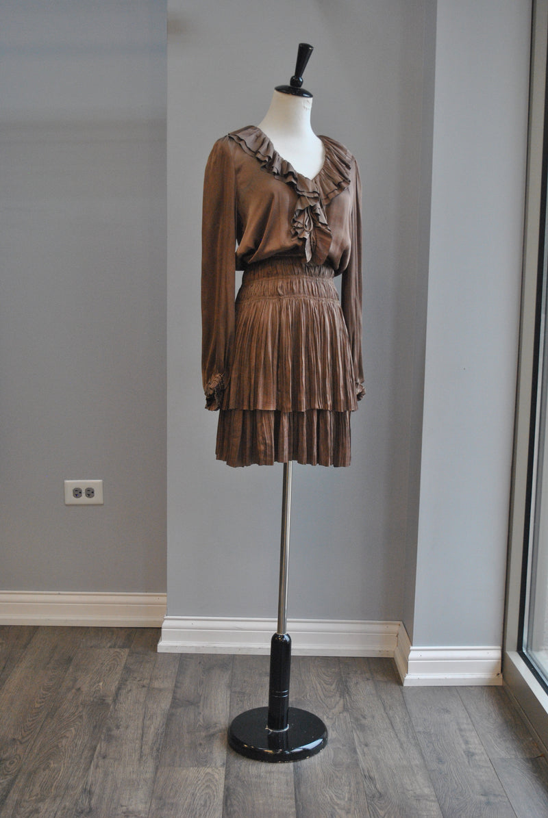 TOBACCO BROWN SILKY FALL DRESS WITH ELASTIC WAIST
