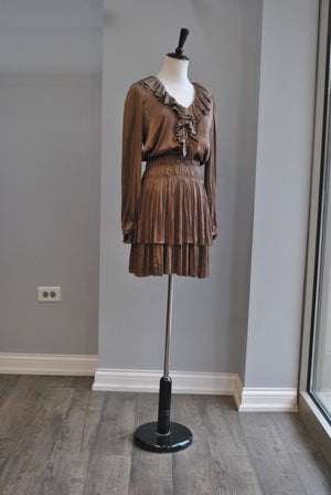 TOBACCO BROWN SILKY FALL DRESS WITH ELASTIC WAIST