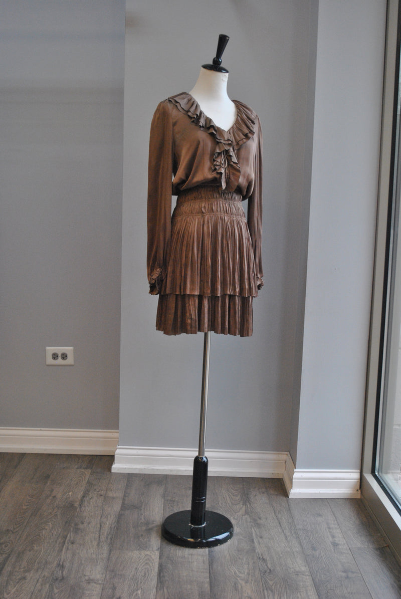 TOBACCO BROWN SILKY FALL DRESS WITH ELASTIC WAIST