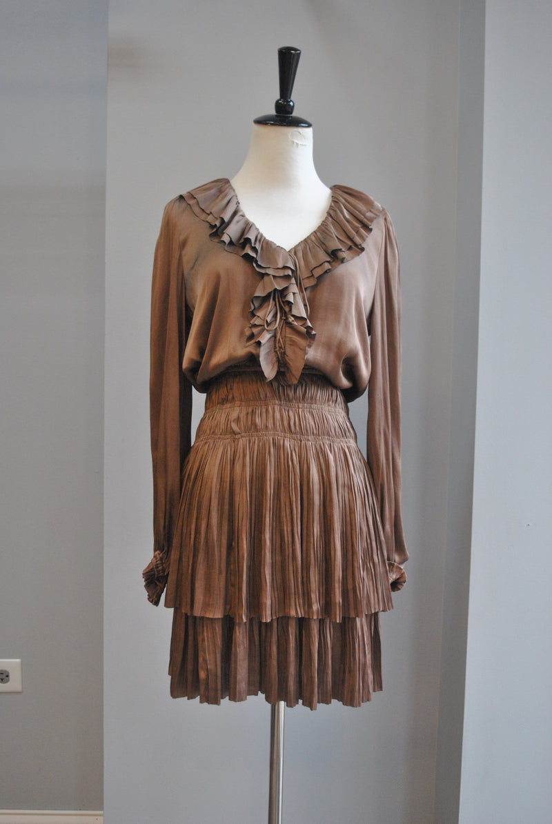 TOBACCO BROWN SILKY FALL DRESS WITH ELASTIC WAIST
