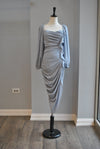 DUSTY BLUE MIDI FIT DRESS WITH STATEMENT SLEEVES